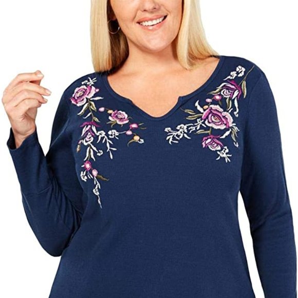 Style & Co. Womens Embroidered Floral Thermal Top - Picture 1 of 4